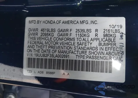 2020 Acura Tlx Standard из США, поврежденный, VIN 19UUB2F35LA002691